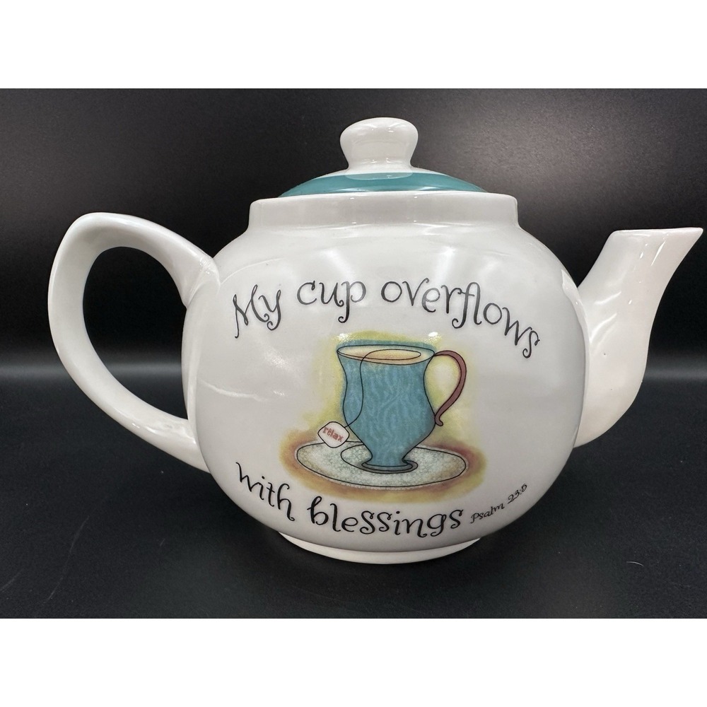 Ceramic Teapot "My Cup Overflows With Blessings" Psalm 23:5 Tea Pot w/ Lid